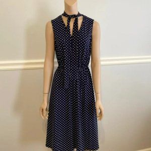 Adrianna Papell Navy Tie Neck Polka Dot Midi Dress Small NWT